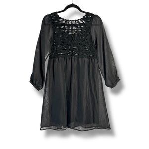 Black crochet knit empire waist sheer puff sleeve chiffon mini babydoll dress